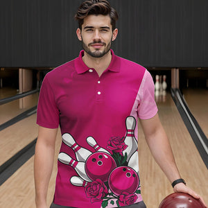 Bowling And Pink Roses Custom Valentine Bowling Polo Shirts For Men Bowling Couple Outfits IPHW8355