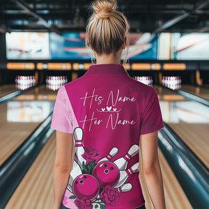 Bowling And Pink Roses Custom Valentine Bowling Polo Shirts For Women Bowling Couple Outfit IPHW8355