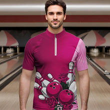 Load image into Gallery viewer, Bowling And Pink Roses Custom Valentine Bowling Quarter-Zip Shirts For Men Bowling Couple Outfits IPHW8355