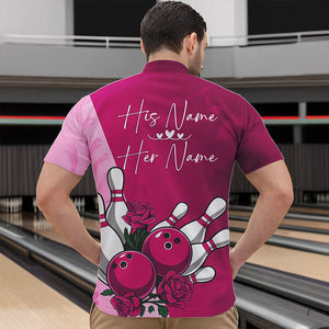 Bowling And Pink Roses Custom Valentine Bowling Quarter-Zip Shirts For Men Bowling Couple Outfits IPHW8355