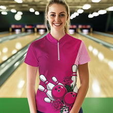 Load image into Gallery viewer, Bowling And Pink Roses Custom Valentine Bowling Quarter-Zip Shirts For Women Bowling Couple IPHW8355