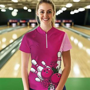 Bowling And Pink Roses Custom Valentine Bowling Quarter-Zip Shirts For Women Bowling Couple IPHW8355