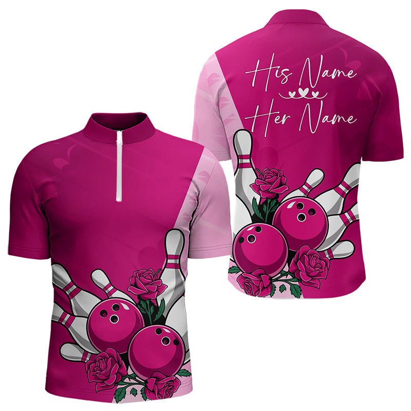 Bowling And Pink Roses Custom Valentine Bowling Quarter-Zip Shirts For Men Bowling Couple Outfits IPHW8355