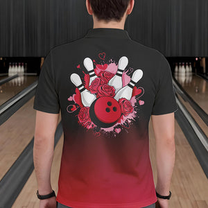 Black And Red Bowling And Roses Custom Valentines Day Bowling Polo Shirts For Men IPHW8359