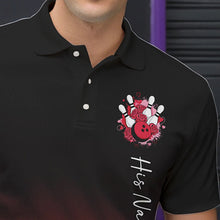 Load image into Gallery viewer, Black And Red Bowling And Roses Custom Valentines Day Bowling Polo Shirts For Men IPHW8359