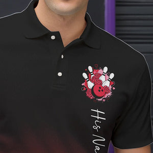 Black And Red Bowling And Roses Custom Valentines Day Bowling Polo Shirts For Men IPHW8359