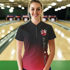 Black And Red Bowling And Roses Custom Valentines Day Bowling Quarter-Zip Shirts For Women IPHW8359