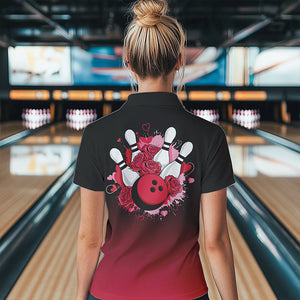 Black And Red Bowling And Roses Custom Valentines Day Bowling Quarter-Zip Shirts For Women IPHW8359