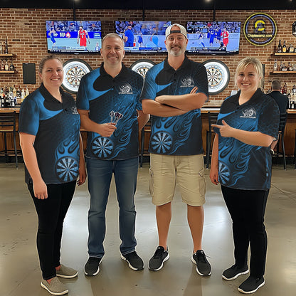 Custom Black And Blue Flame Dartboard Darts Team Shirts, Dart Tournament Outfits Dart Jerseys For Players IPHW10411