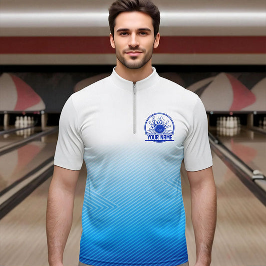 Custom Blue Bowling Team Quarter-Zip Shirts For Men, Bowling Tournament Bowling League Shirt IPHW8538