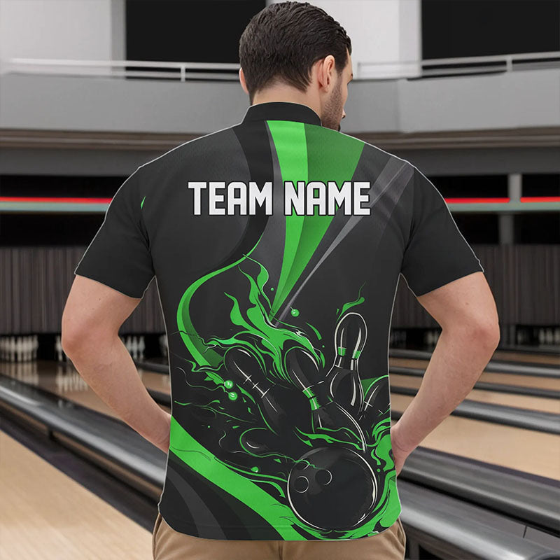 Custom Black And Green Flame Bowling Quarter-Zip Shirts For Men, Fire Bowling Team Shirt IPHW8540