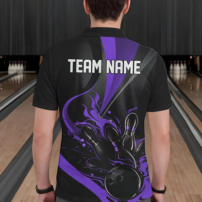 Custom Black And Purple Flame Bowling Polo Shirts For Men, Fire Bowling Team Shirt IPHW8541