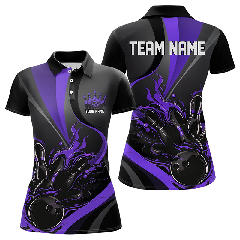 Custom Black And Purple Flame Bowling Polo Shirts For Women, Fire Bowling Team Shirt IPHW8541