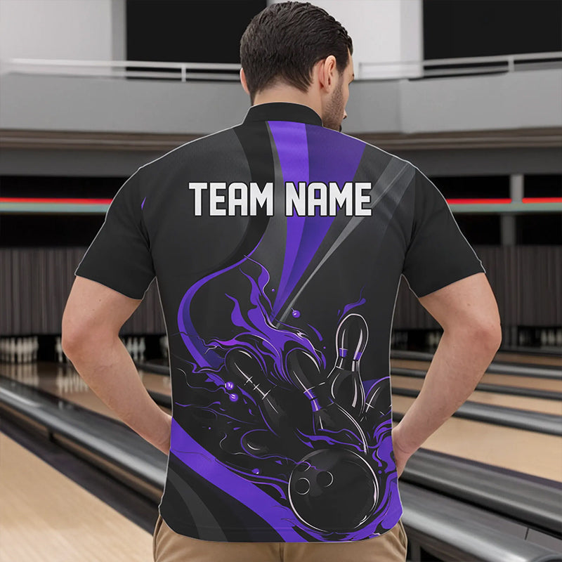 Custom Black And Purple Flame Bowling Quarter-Zip Shirts For Men, Fire Bowling Team Shirt IPHW8541