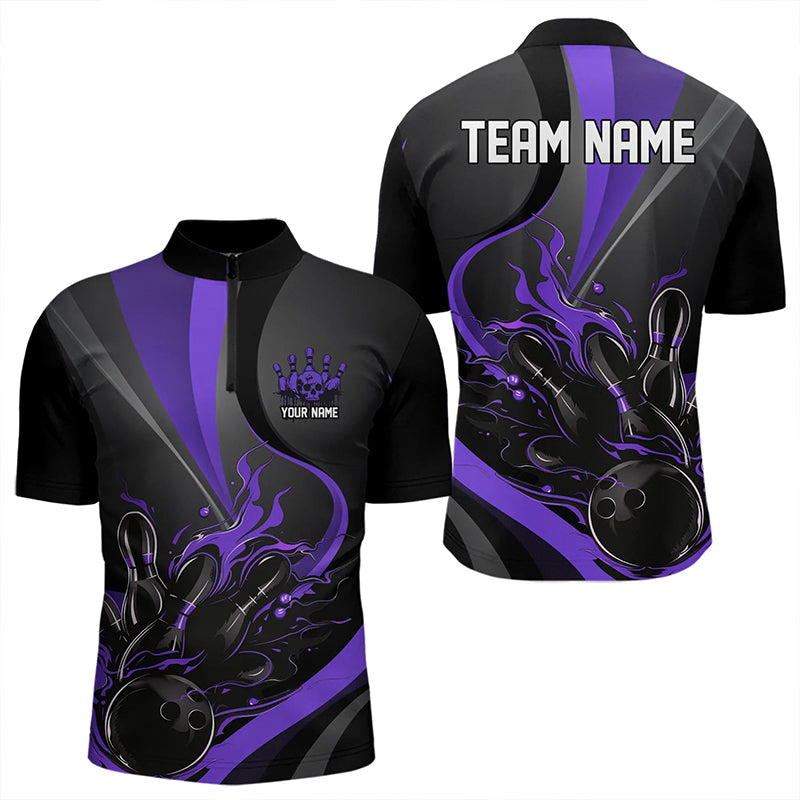 Custom Black And Purple Flame Bowling Quarter-Zip Shirts For Men, Fire Bowling Team Shirt IPHW8541