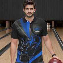 Load image into Gallery viewer, Custom Black And Blue Flame Bowling Polo Shirts For Men, Fire Bowling Team Shirt IPHW8542