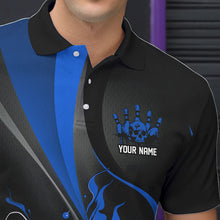 Load image into Gallery viewer, Custom Black And Blue Flame Bowling Polo Shirts For Men, Fire Bowling Team Shirt IPHW8542