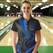 Load image into Gallery viewer, Custom Black And Blue Flame Bowling Polo Shirts For Women, Fire Bowling Team Shirt IPHW8542