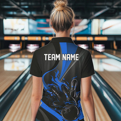 Custom Black And Blue Flame Bowling Polo Shirts For Women, Fire Bowling Team Shirt IPHW8542