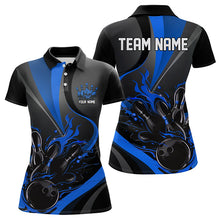 Load image into Gallery viewer, Custom Black And Blue Flame Bowling Polo Shirts For Women, Fire Bowling Team Shirt IPHW8542