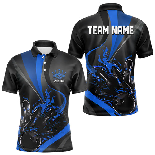 Custom Black And Blue Flame Bowling Polo Shirts For Men, Fire Bowling Team Shirt IPHW8542