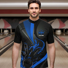 Load image into Gallery viewer, Custom Black And Blue Flame Bowling Quarter-Zip Shirts For Men, Fire Bowling Team Shirt IPHW8542