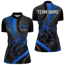Load image into Gallery viewer, Custom Black And Blue Flame Bowling Quarter-Zip Shirts For Women, Fire Bowling Team Shirt IPHW8542