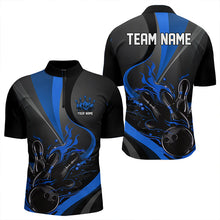 Load image into Gallery viewer, Custom Black And Blue Flame Bowling Quarter-Zip Shirts For Men, Fire Bowling Team Shirt IPHW8542