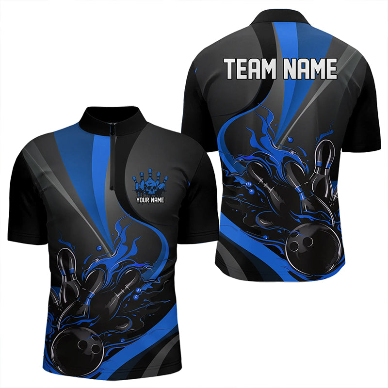 Custom Black And Blue Flame Bowling Quarter-Zip Shirts For Men, Fire Bowling Team Shirt IPHW8542