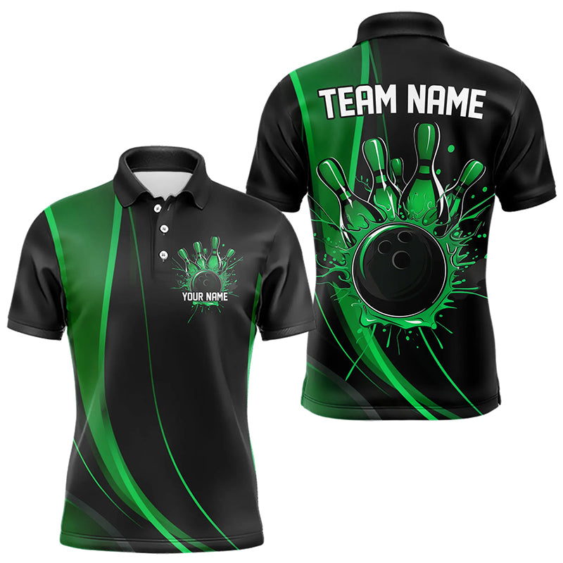 Custom Black And Green Bowling Polo Shirts For Men, Bowling Tournament Team Shirts IPHW8543