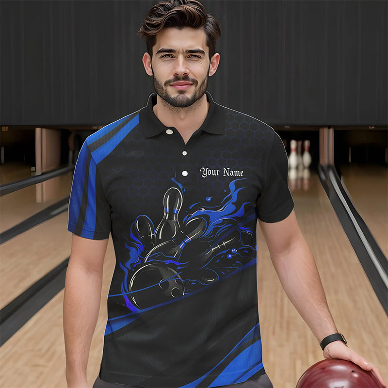 Custom Black And Blue Flame Bowling Polo Shirts For Men, Bowling Tournament Team Shirts IPHW8544