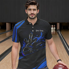 Load image into Gallery viewer, Custom Black And Blue Flame Bowling Polo Shirts For Men, Bowling Tournament Team Shirts IPHW8544