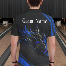 Load image into Gallery viewer, Custom Black And Blue Flame Bowling Polo Shirts For Men, Bowling Tournament Team Shirts IPHW8544