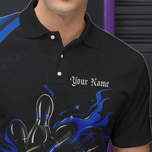 Load image into Gallery viewer, Custom Black And Blue Flame Bowling Polo Shirts For Men, Bowling Tournament Team Shirts IPHW8544
