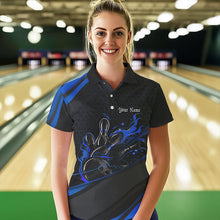 Load image into Gallery viewer, Custom Black And Blue Flame Bowling Polo Shirts For Women, Bowling Tournament Team Shirts IPHW8544
