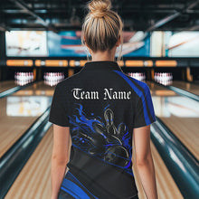 Load image into Gallery viewer, Custom Black And Blue Flame Bowling Polo Shirts For Women, Bowling Tournament Team Shirts IPHW8544