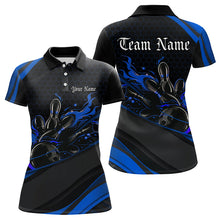 Load image into Gallery viewer, Custom Black And Blue Flame Bowling Polo Shirts For Women, Bowling Tournament Team Shirts IPHW8544