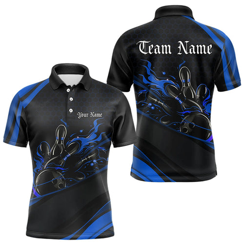 Custom Black And Blue Flame Bowling Polo Shirts For Men, Bowling Tournament Team Shirts IPHW8544