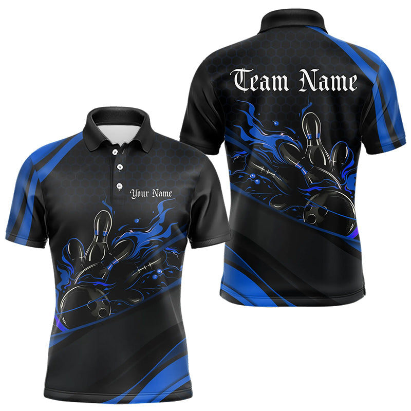 Custom Black And Blue Flame Bowling Polo Shirts For Men, Bowling Tournament Team Shirts IPHW8544