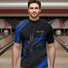 Load image into Gallery viewer, Custom Black And Blue Flame Bowling Quarter-Zip Shirts For Men, Bowling Tournament Team Shirts IPHW8544