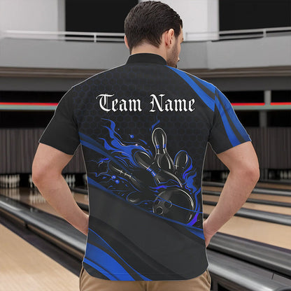 Custom Black And Blue Flame Bowling Quarter-Zip Shirts For Men, Bowling Tournament Team Shirts IPHW8544