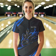 Load image into Gallery viewer, Custom Black And Blue Flame Bowling Womens Quarter-Zip Shirt, Bowling Tournament Team Shirt IPHW8544