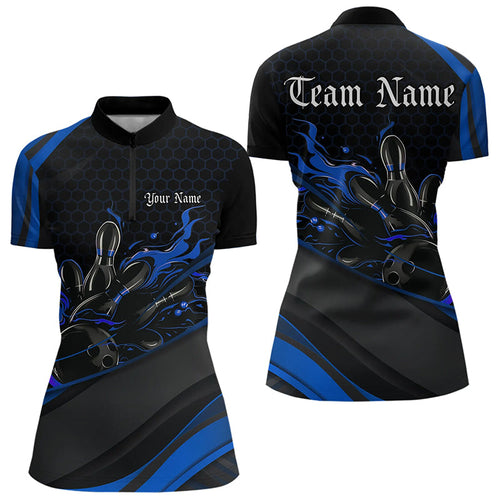 Custom Black And Blue Flame Bowling Womens Quarter-Zip Shirt, Bowling Tournament Team Shirt IPHW8544