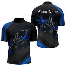 Load image into Gallery viewer, Custom Black And Blue Flame Bowling Quarter-Zip Shirts For Men, Bowling Tournament Team Shirts IPHW8544