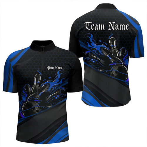 Custom Black And Blue Flame Bowling Quarter-Zip Shirts For Men, Bowling Tournament Team Shirts IPHW8544
