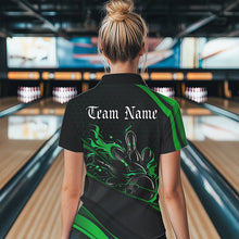 Load image into Gallery viewer, Custom Black And Green Flame Bowling Polo Shirts For Women, Bowling Tournament Team Shirts IPHW8545