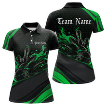 Load image into Gallery viewer, Custom Black And Green Flame Bowling Polo Shirts For Women, Bowling Tournament Team Shirts IPHW8545