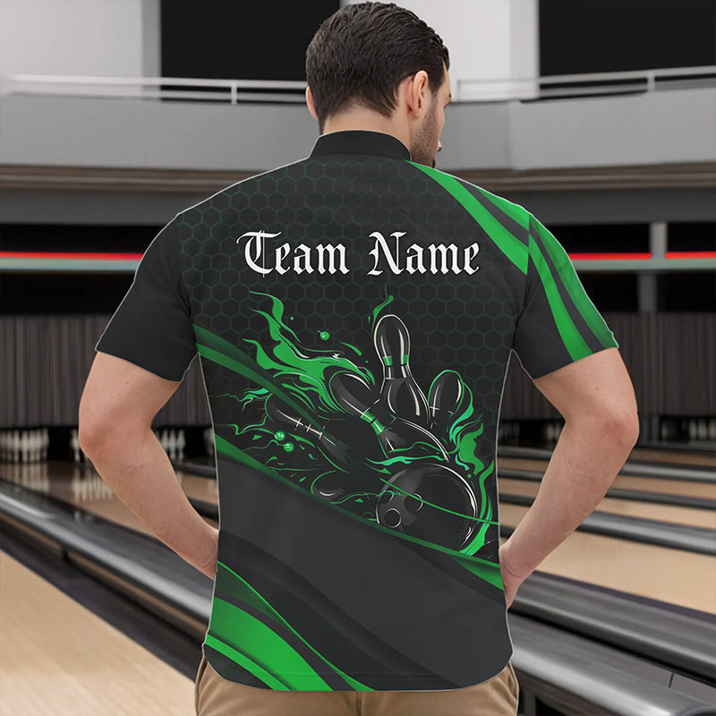 Custom Black And Green Flame Bowling Quarter-Zip Shirts For Men, Bowling Tournament Team Shirts IPHW8545