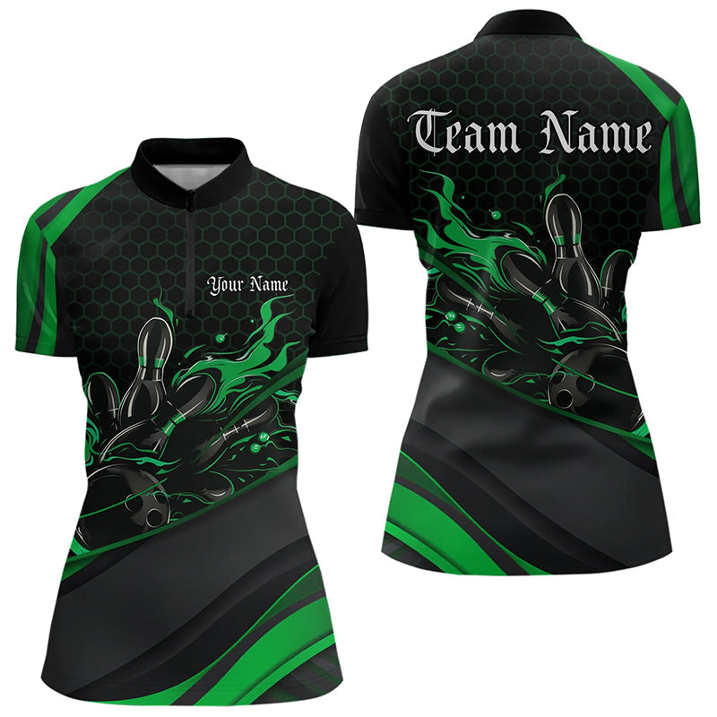 Custom Black And Green Flame Bowling Womens Quarter-Zip Shirt, Bowling Tournament Shirt IPHW8545