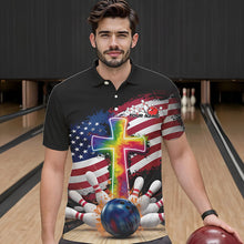 Load image into Gallery viewer, Custom Patriotic Faith Bowling Polo Shirts For Men, Tie Dye Cross US Flag Bowling Shirt IPHW8547